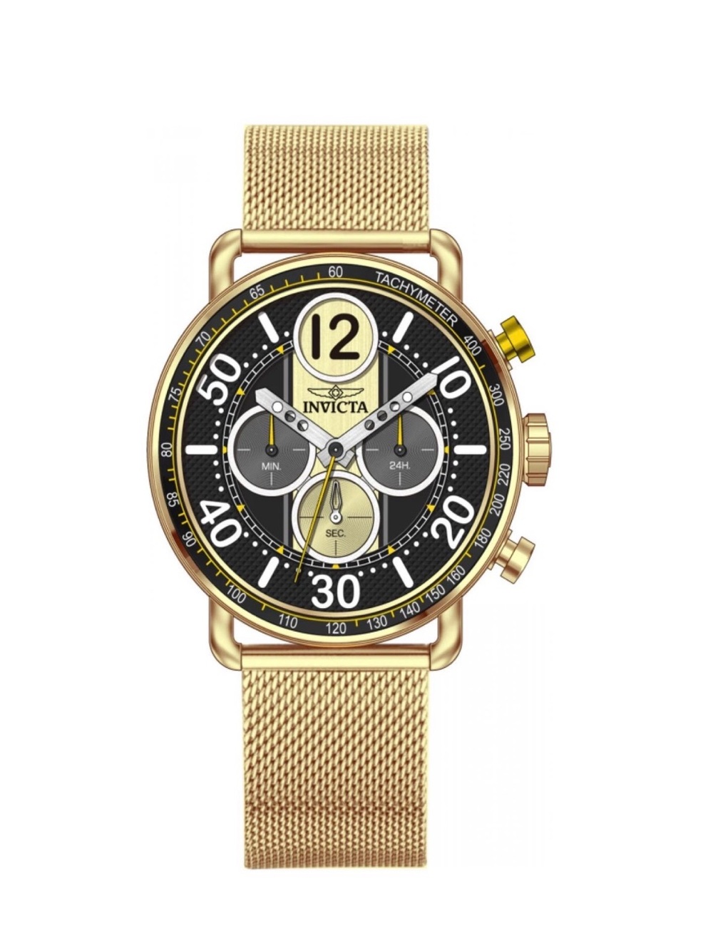 Invicta Gold and Black Mesh Chronograph Watch with Yellow Accents